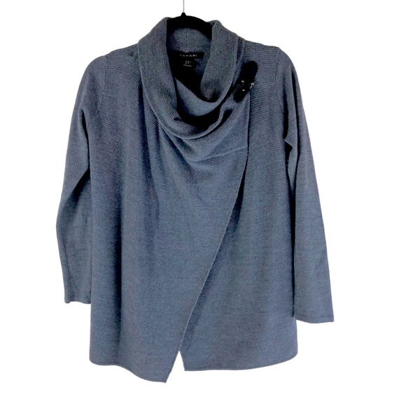 Tahari Gray Merino Wool Blend Open Front Long Sleeve Buckle Detail Cardigan Sz L - Picture 4 of 12